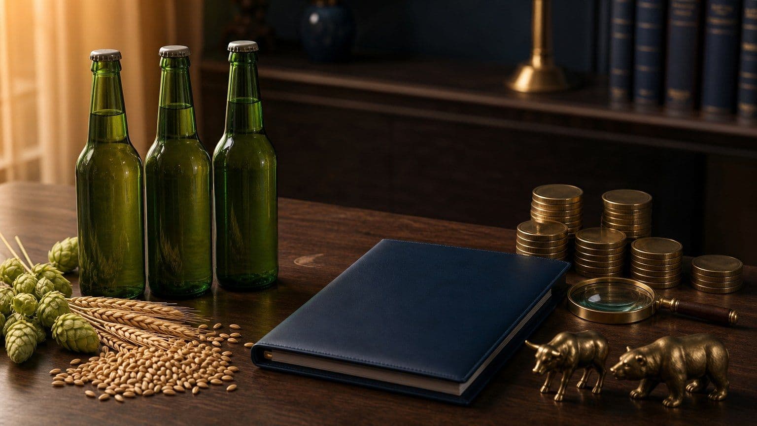 Een beleggingsbureau met ongelabelde groene bierflessen, hop, gerst, blanco munten en een gesloten blauwe portefeuillemap.