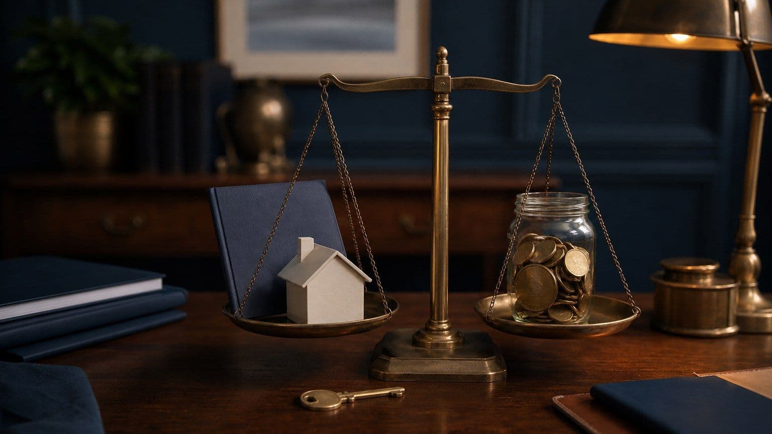 Een balans met een huis, inkomen en schulden als beeld voor het berekenen van je maximale hypotheek.